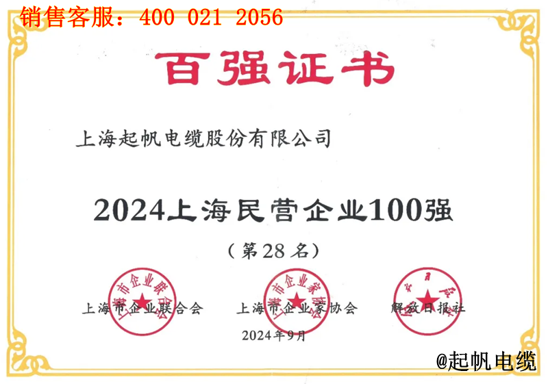 3.乐发lv电缆入围2024年上海民营企业100强第28名