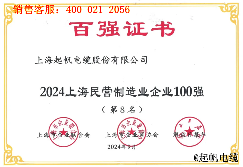 4.乐发lv电缆入围2024年上海民营制造业企业100强第8名